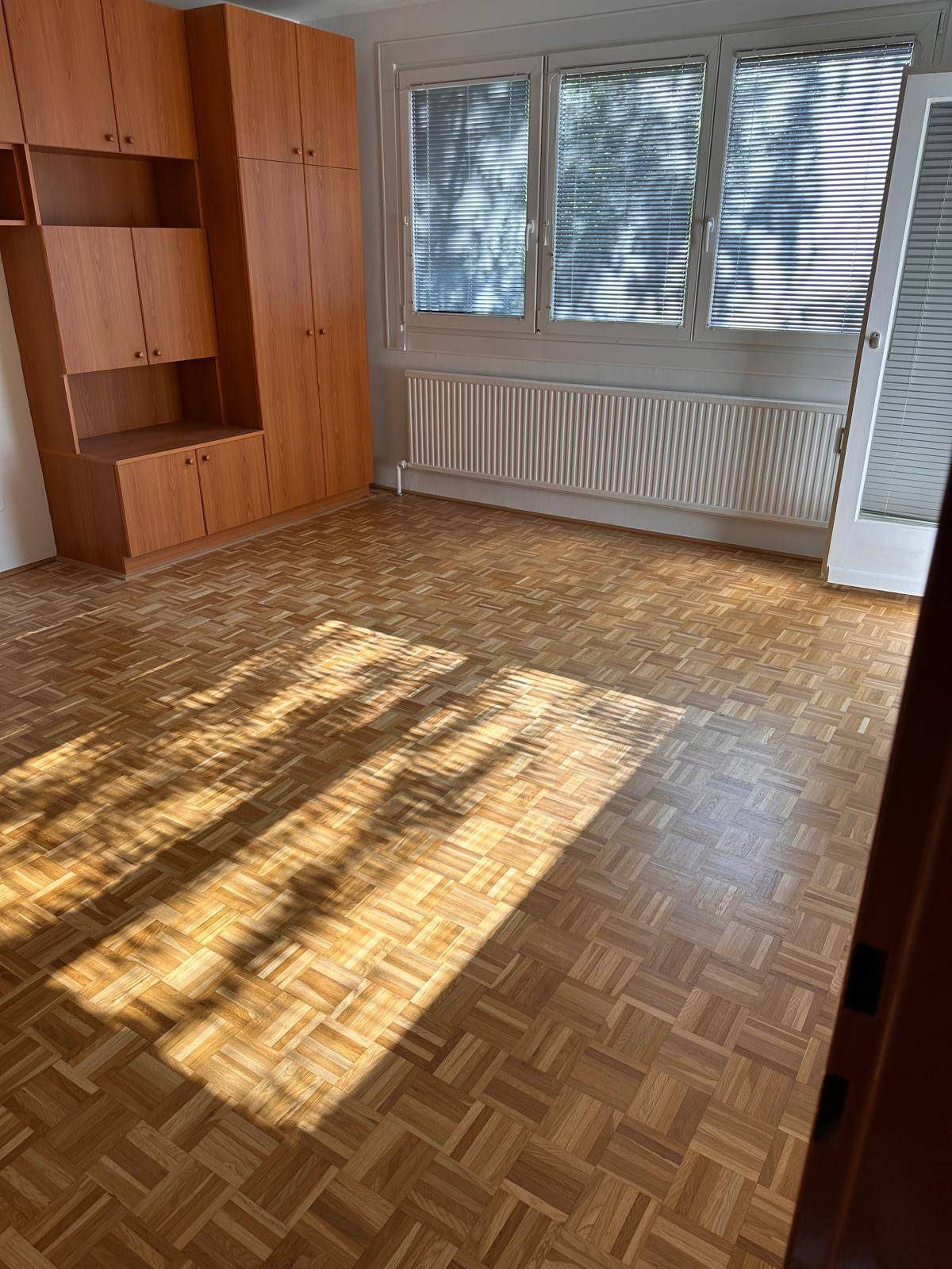 Geräumiger Wohnraum mit Parkettboden und einem großen Holzschrank an der Wand.