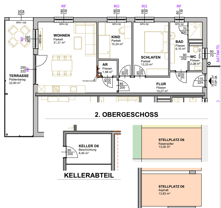Grundriss des 2. Obergeschosses mit Terrasse, Wohnbereich, Schlafzimmern und Kellerabteil.