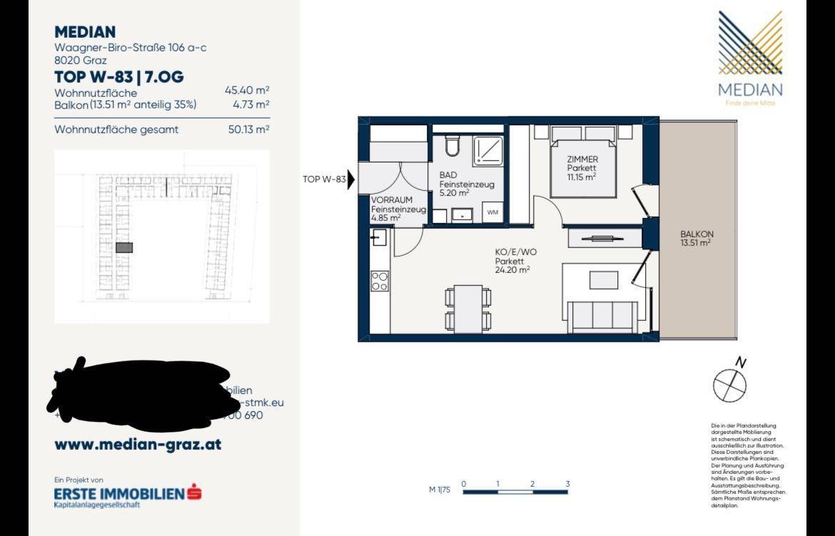 Grundriss einer Wohnung mit 45.40 m² Wohnfläche, einem Schlafzimmer und einem Balkon.