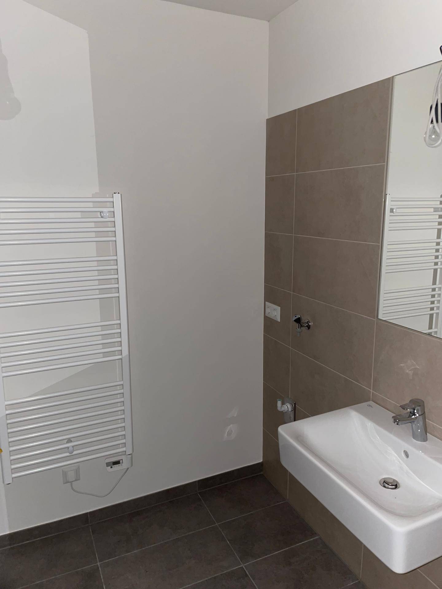 Badezimmer mit modernem Waschbecken, Spiegel und beheiztem Handtuchhalter an der Wand.