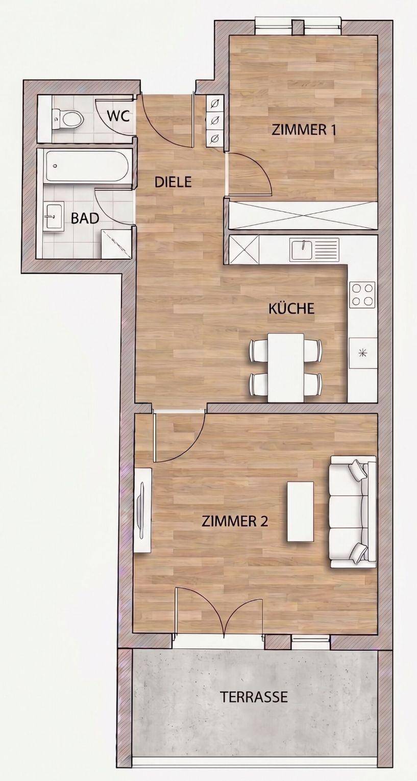 Grundriss einer Wohnung mit zwei Zimmern, Küche, Bad und Terrasse.