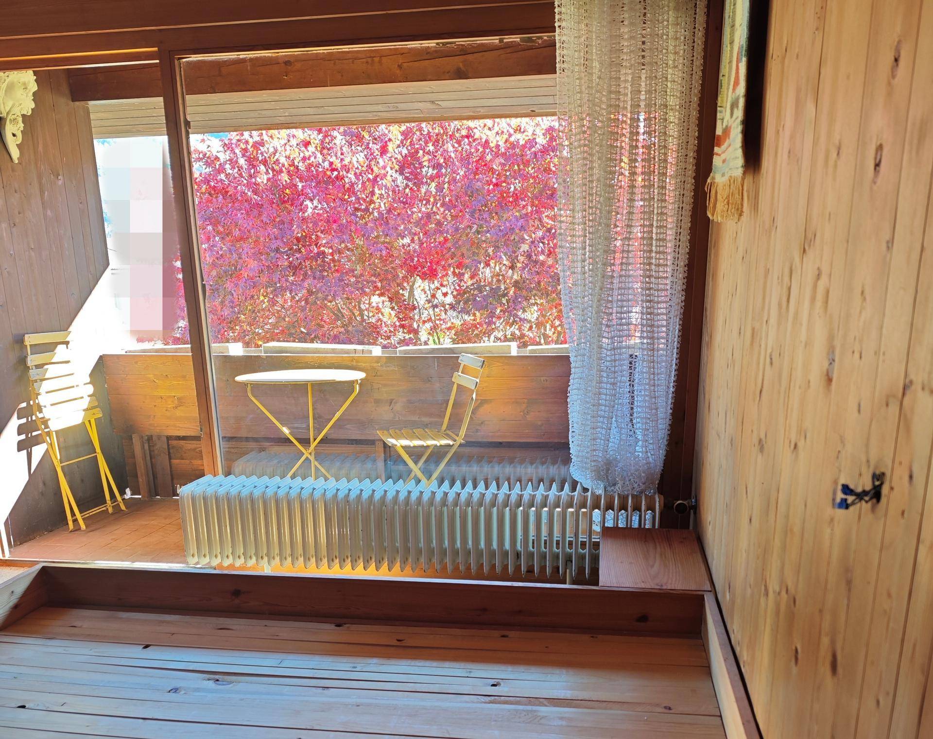 Innenraum mit Holzvertäfelung und Zugang zu einem Balkon mit leuchtend roter Herbstbepflanzung, inklusive Heizkörper.