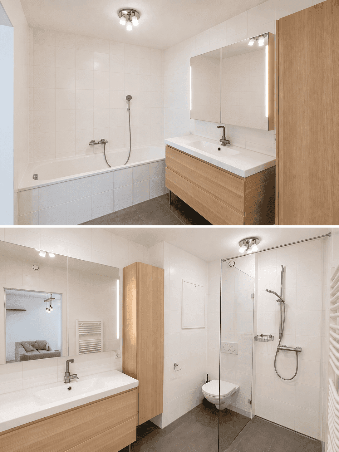 Modernes Badezimmer mit Badewanne, Dusche, Doppelwaschbecken und hellen Fliesen.