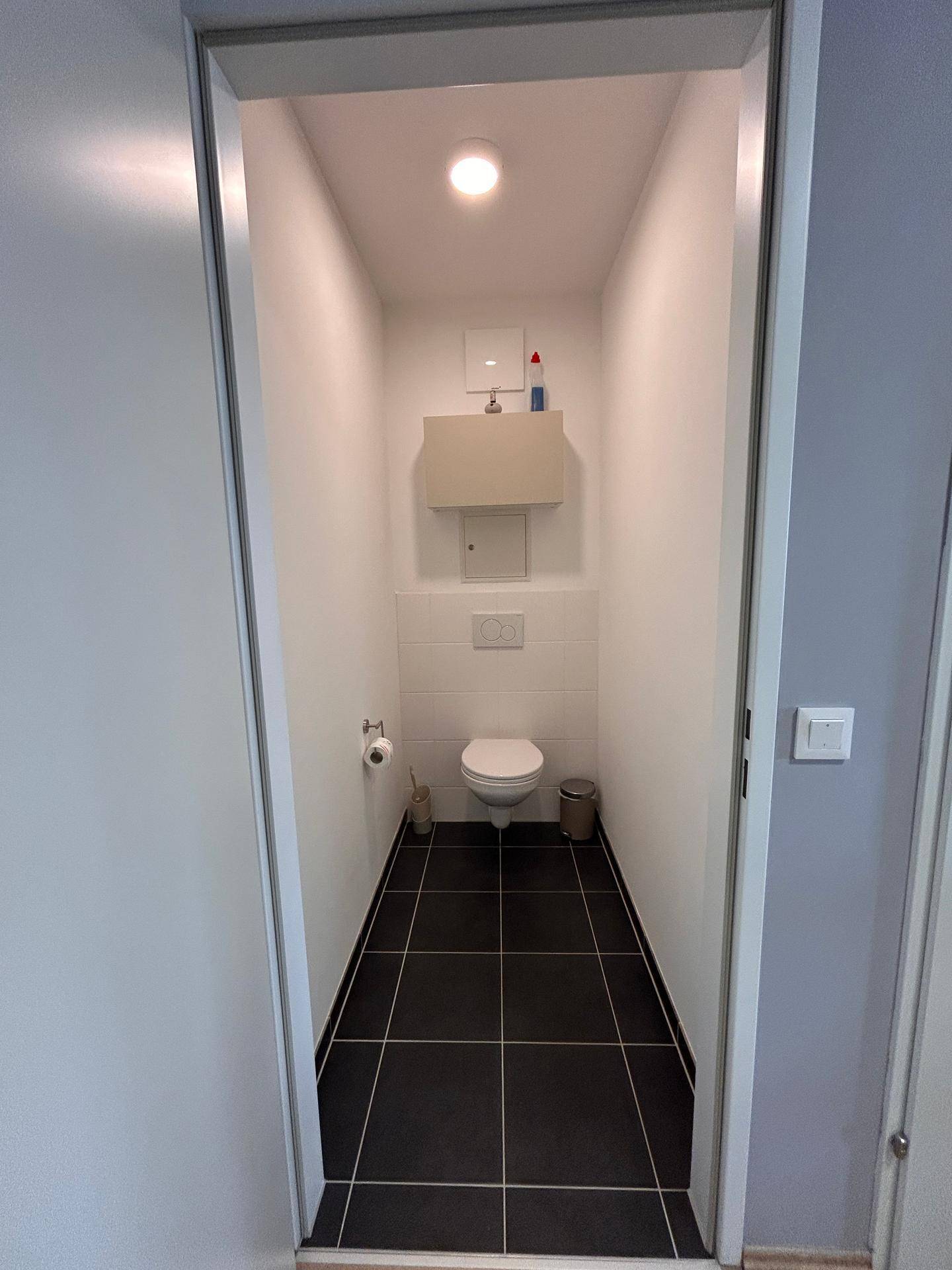 Kleines Gäste-WC mit Wand-WC und dunklen Bodenfliesen.