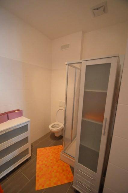 Helles Badezimmer mit Duschkabine, Toilette und praktischem Stauraumschrank für persönliche Gegenstände.