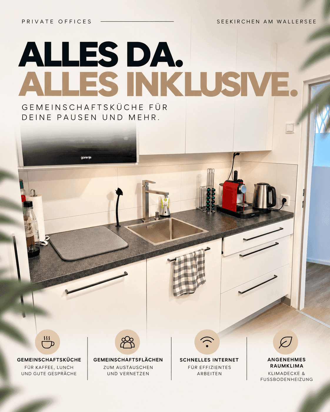 Moderne Gemeinschaftsküche mit weißen Schränken, dunkler Arbeitsplatte und integrierter Mikrowelle.
