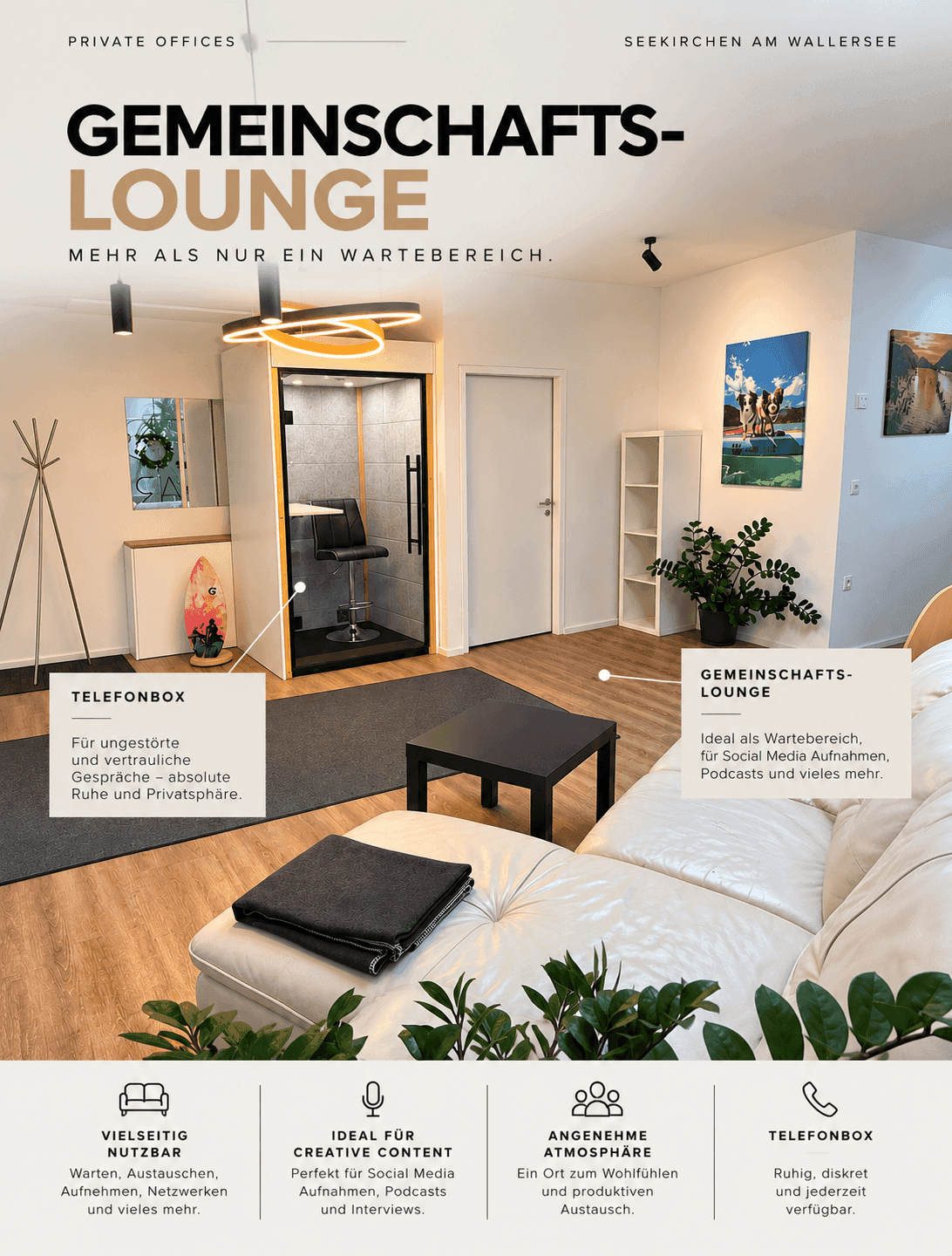 Gemütliche Gemeinschaftslounge mit beigem Sofa, Couchtisch und einer privaten Telefonbox.