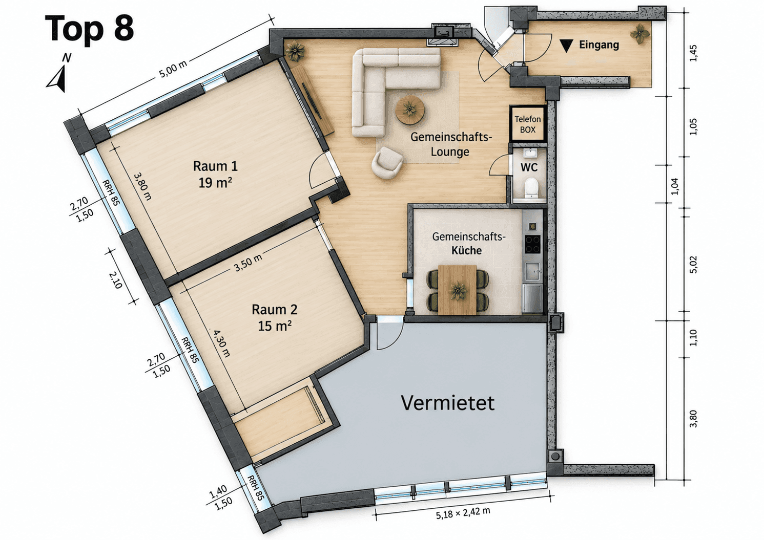 Grundriss zeigt flexible Büroräume, Gemeinschaftslounge, Küche und Dachterrasse.