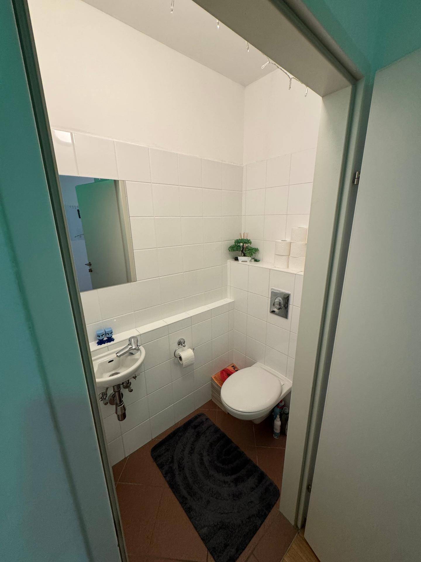 Kleines Gäste-WC mit weißen Fliesen, wandmontierter Toilette und einem kleinen Waschbecken.