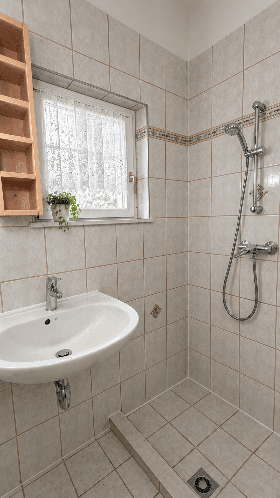 Gefliestes Badezimmer mit Dusche, Waschbecken und einem Fenster für natürliche Belüftung.
