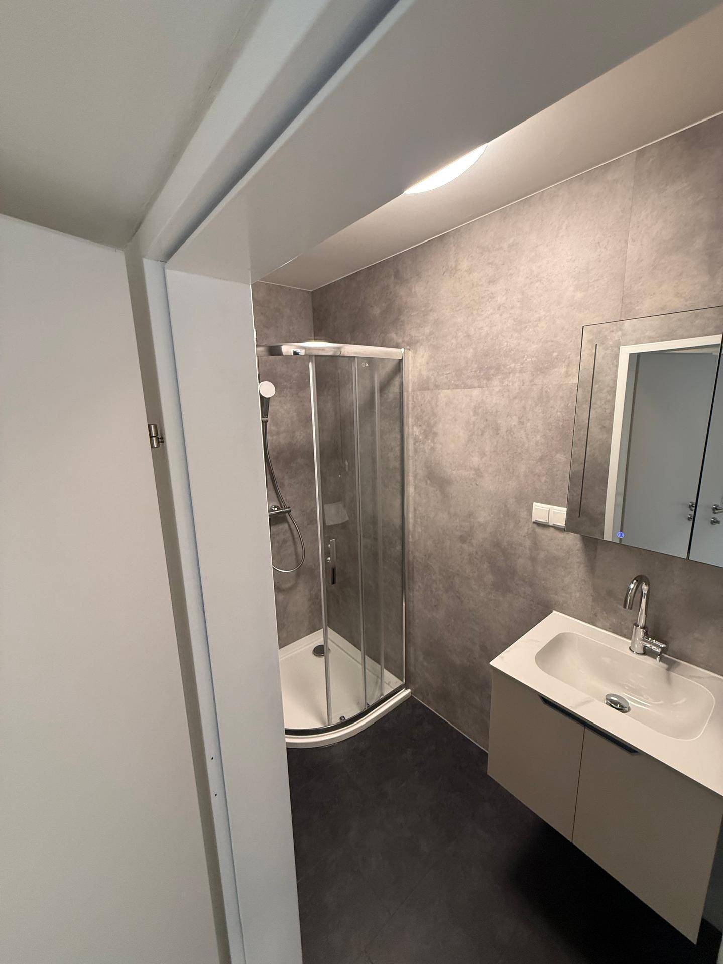 Modernes Badezimmer mit Waschtisch, Spiegel und einer geräumigen Eckdusche.