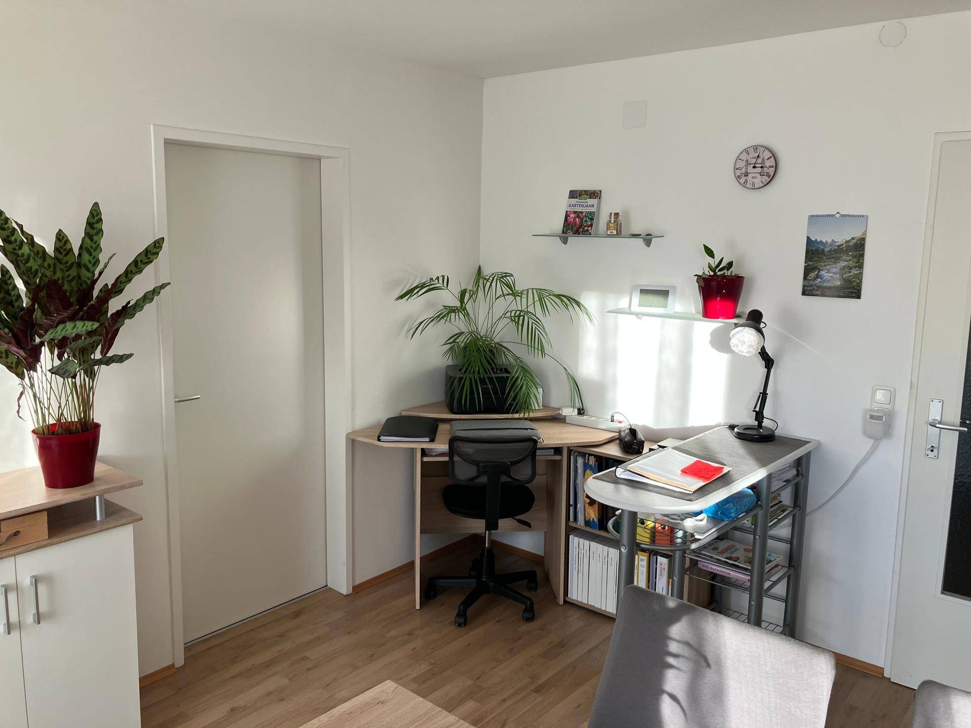 Heller Arbeitsbereich mit Eckschreibtisch, Bürostuhl und Pflanzen, gut beleuchtet durch Tageslicht.
