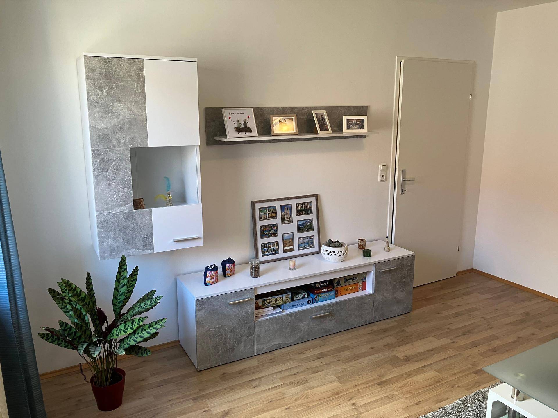 Modern eingerichtetes Wohnzimmer mit weiß-grauen Möbeln und einem grünen Zimmerpflanzenakzent.