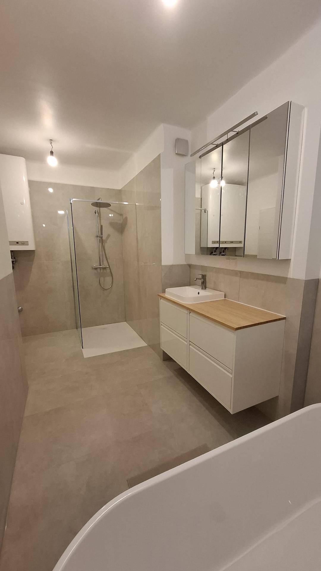 Modernes Badezimmer mit begehbarer Dusche, Einzelwaschbecken und Spiegelschrank, in hellen Grautönen gehalten.