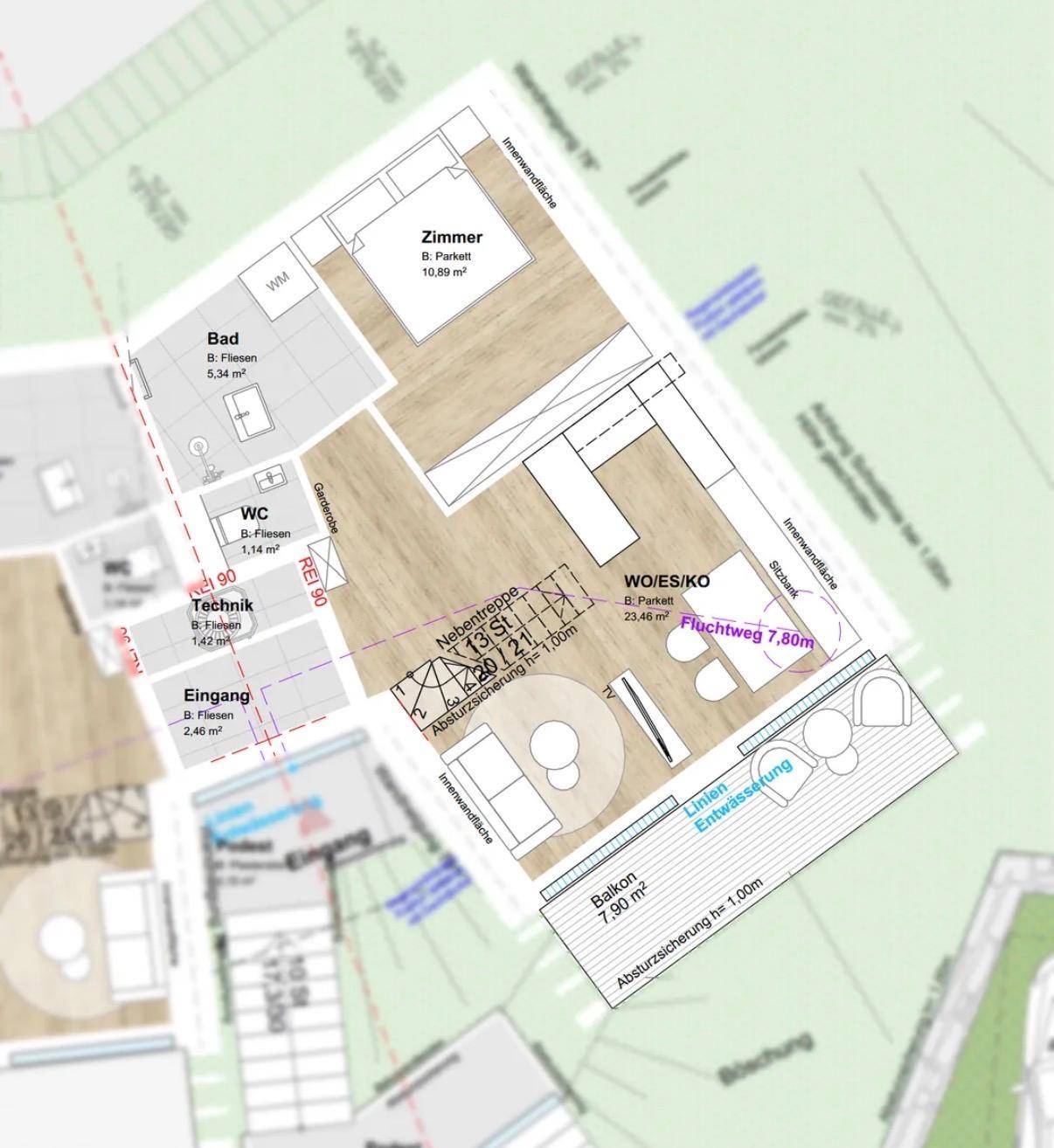 Detaillierter Grundriss der Hauptebene mit Wohn-Essbereich, Schlafzimmer und Balkon.