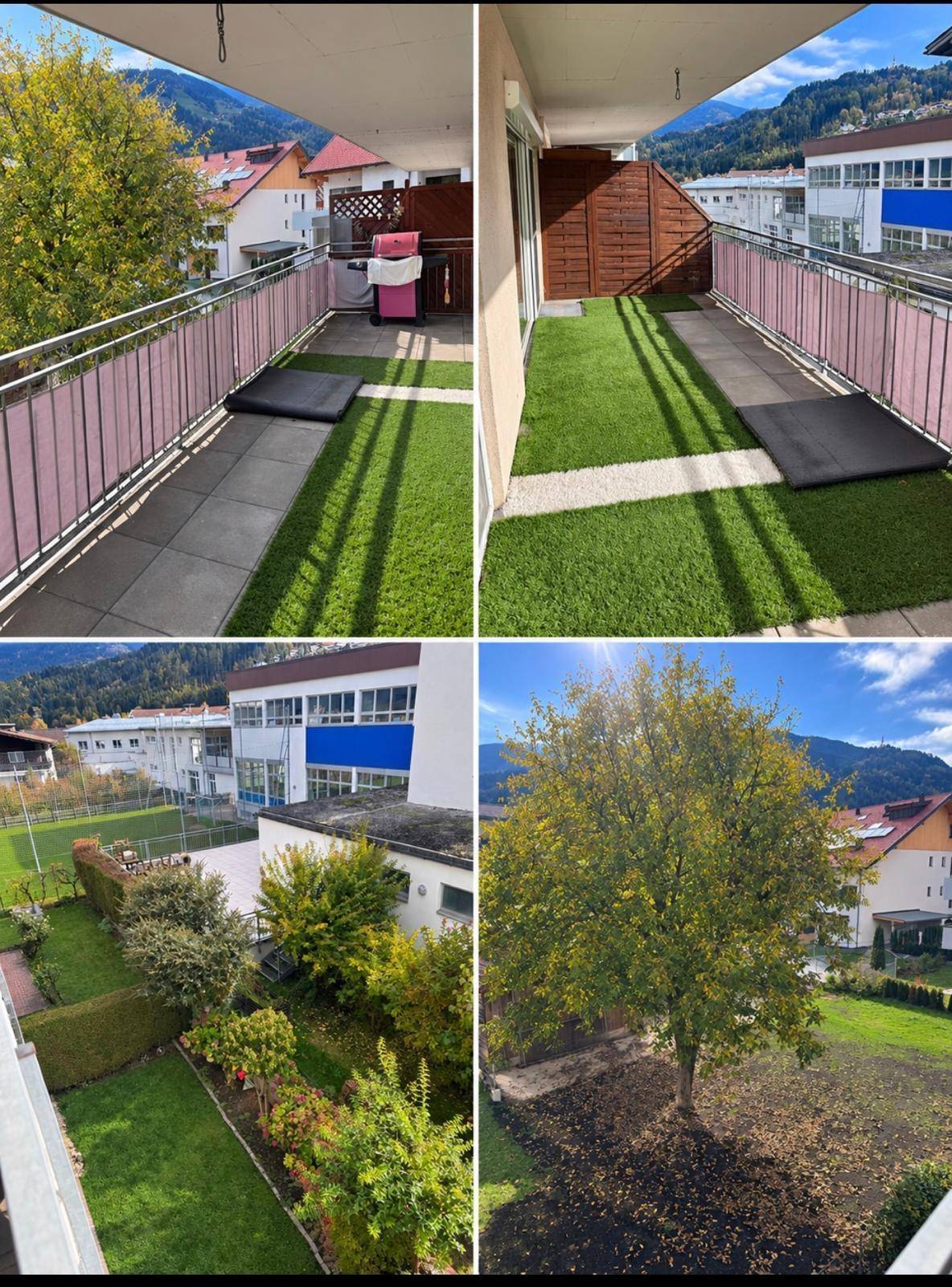 Balkon mit Kunstrasen und Blick auf die umliegende Berglandschaft und Gärten.