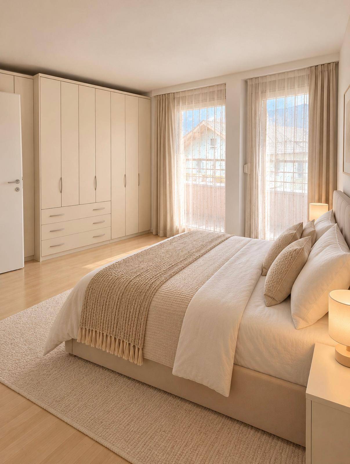 Helles Schlafzimmer mit großem Bett, Einbauschränken und Zugang zu einem Balkon.