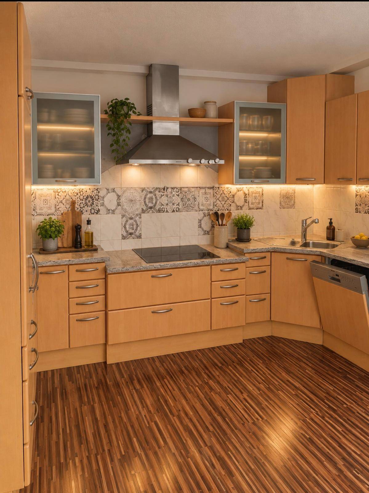 Funktionale Küche mit Holzfronten, Granitarbeitsplatte und integrierten Geräten.