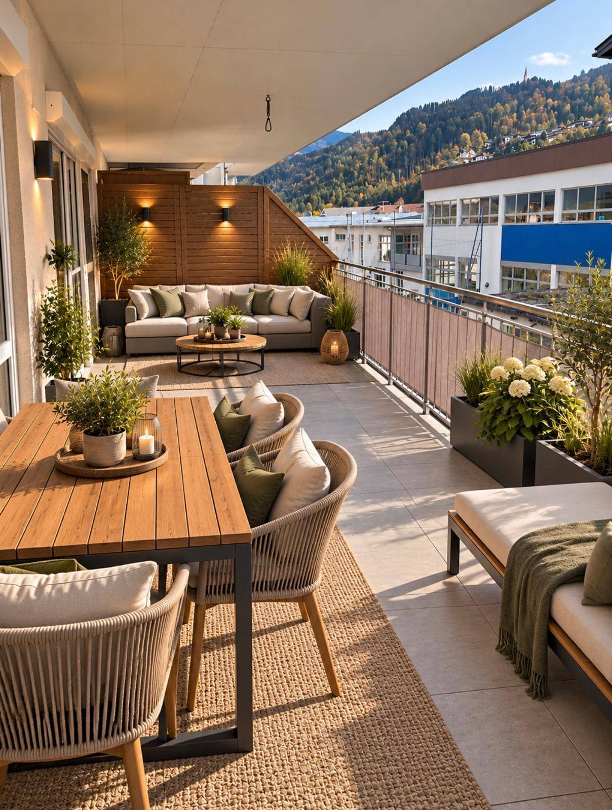 Große möblierte Terrasse mit Bergblick, Essbereich und gemütlicher Lounge-Ecke.