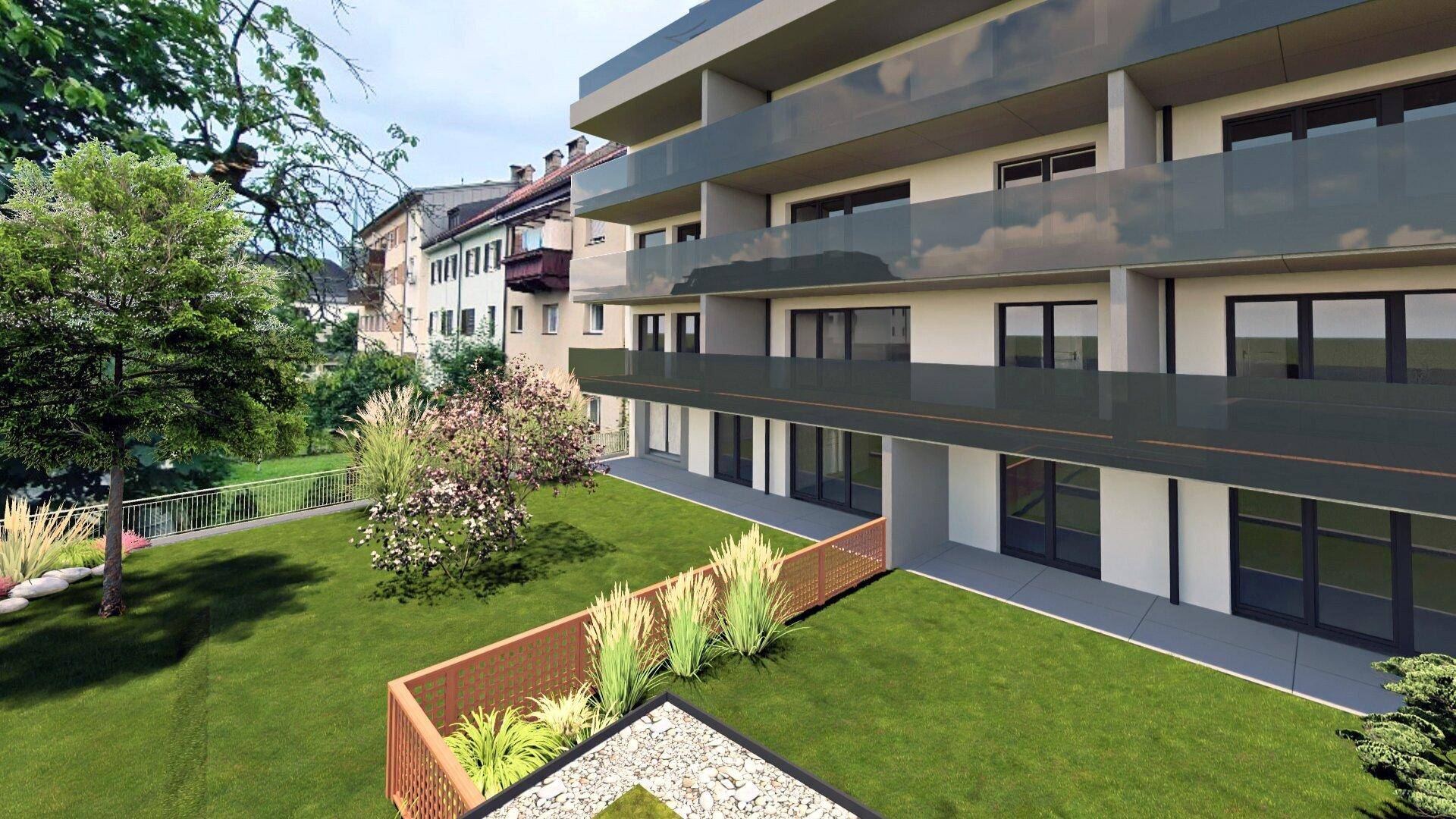 Visualisierte Hausansicht mit Balkonen und Garten, Wohnbauprojekt Pro20+ Kufstein