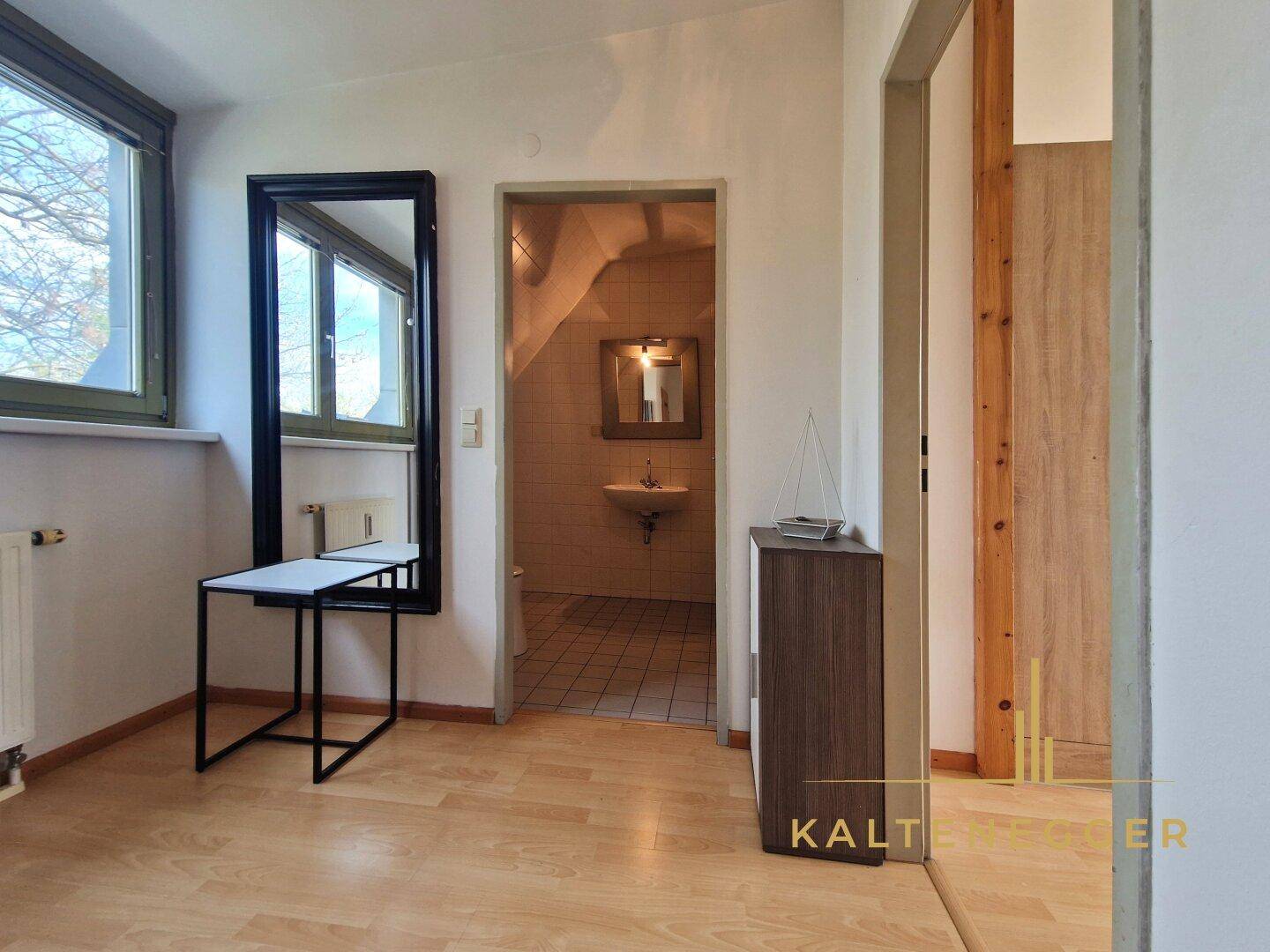 Vorzimmer mit Blick in das Bad, Tür rechts zum Wohnzimmer mit offener Küche